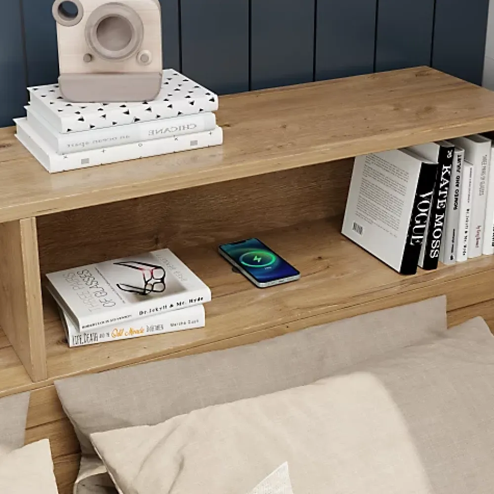 ModernLuxe Lit enfant 90x200 cm - avec 1 tiroir - avec bibliothèque et rangement - sommier à lattes - naturel (sans matelas)*Enfant Lit Enfant