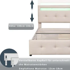 Okwish Lit enfant 90x200 cm - avec 2 Tiroirs et Éclairage LED, Lit Confortable en Lin Beige, Rangement Sous Le Lit, Sans Matelas*Enfant Lit Enfant