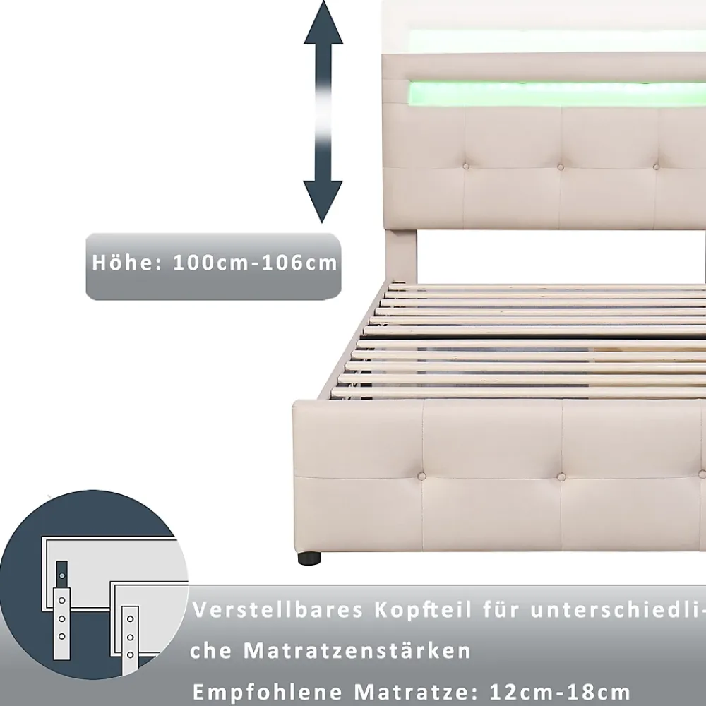 Okwish Lit enfant 90x200 cm - avec 2 Tiroirs et Éclairage LED, Lit Confortable en Lin Beige, Rangement Sous Le Lit, Sans Matelas*Enfant Lit Enfant