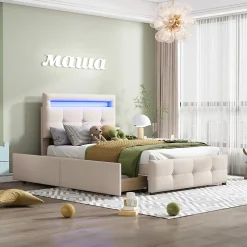 Okwish Lit enfant 90x200 cm - avec 2 Tiroirs et Éclairage LED, Lit Confortable en Lin Beige, Rangement Sous Le Lit, Sans Matelas*Enfant Lit Enfant