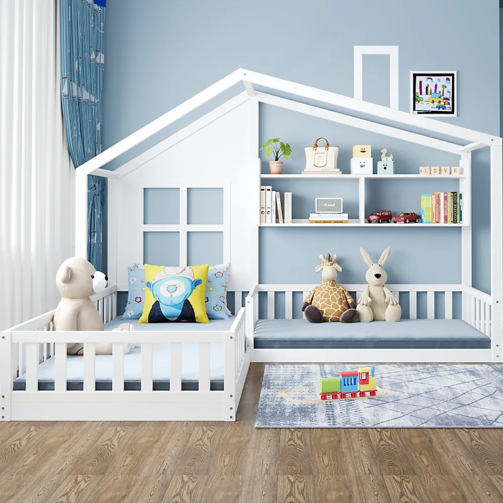Lit enfant 90x200 cm - Cabane avec Fenêtre et Coffre de Rangement, MDF/Bois, Blanc - Sans Matelas>Okwish Outlet
