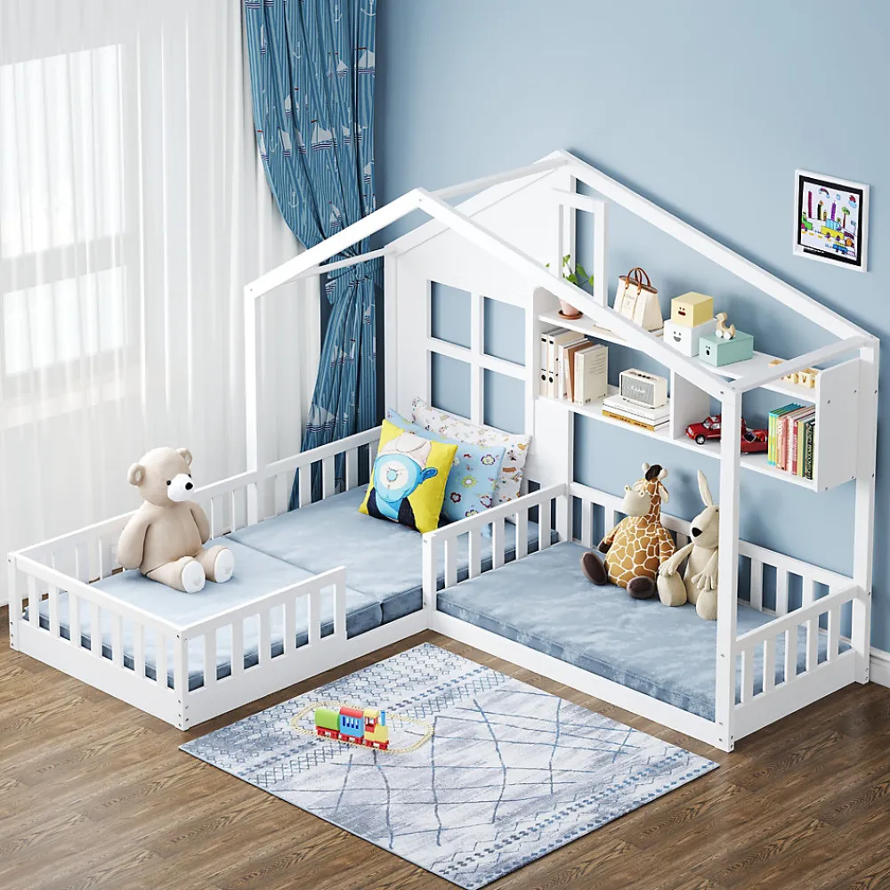 Lit enfant 90x200 cm - Cabane avec Fenêtre et Coffre de Rangement, MDF/Bois, Blanc - Sans Matelas>Okwish Outlet