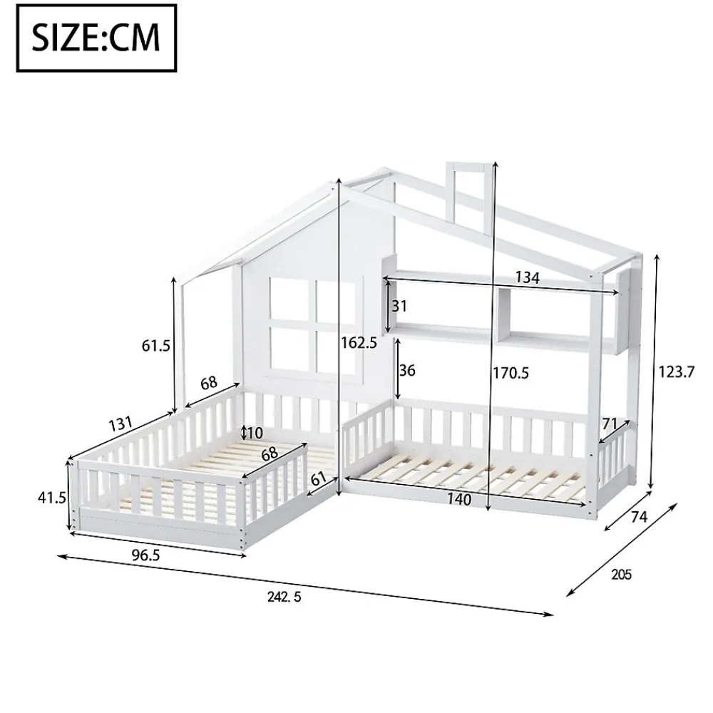 Lit enfant 90x200 cm - Cabane avec Fenêtre et Coffre de Rangement, MDF/Bois, Blanc - Sans Matelas>Okwish Outlet