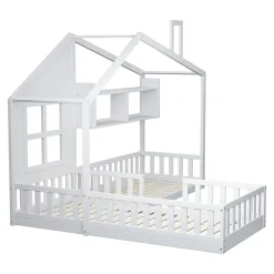 Lit enfant 90x200 cm - Cabane avec Fenêtre et Coffre de Rangement, MDF/Bois, Blanc - Sans Matelas><noscript><img width=