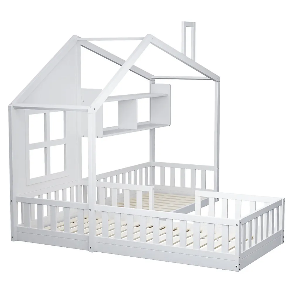 Lit enfant 90x200 cm - Cabane avec Fenêtre et Coffre de Rangement, MDF/Bois, Blanc - Sans Matelas>Okwish Outlet