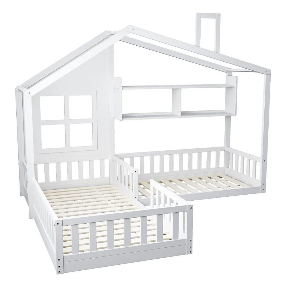 Lit enfant 90x200 cm - Cabane avec Fenêtre et Coffre de Rangement, MDF/Bois, Blanc - Sans Matelas>Okwish Outlet