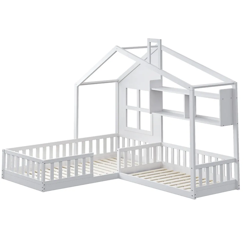 Lit enfant 90x200 cm - Cabane avec Fenêtre et Coffre de Rangement, MDF/Bois, Blanc - Sans Matelas>Okwish Outlet