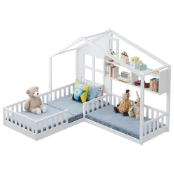 Lit enfant 90x200 cm - Cabane avec Fenêtre et Coffre de Rangement, MDF/Bois, Blanc - Sans Matelas><noscript><img width=