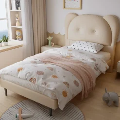 Lit enfant 90x200 cm - Lit avec Tête de Lit en Forme d'Animal - PU - Sans Matelas - Beige>Okwish New