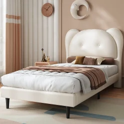 Lit enfant 90x200 cm - Lit avec Tête de Lit en Forme d'Animal - PU - Sans Matelas - Beige><noscript><img width=