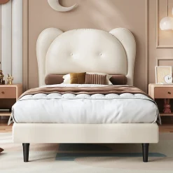 Lit enfant 90x200 cm - Lit avec Tête de Lit en Forme d'Animal - PU - Sans Matelas - Beige><noscript><img width=