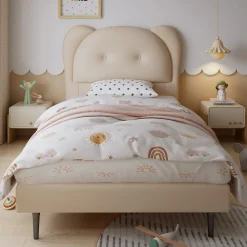 Lit enfant 90x200 cm - Lit avec Tête de Lit en Forme d'Animal - PU - Sans Matelas - Beige><noscript><img width=