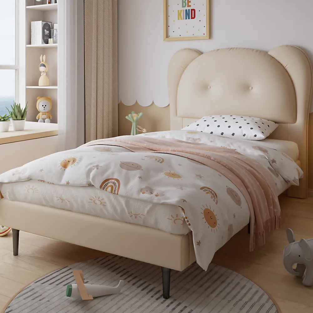 Lit enfant 90x200 cm - Lit avec Tête de Lit en Forme d'Animal - PU - Sans Matelas - Beige>Okwish New