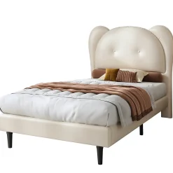 Lit enfant 90x200 cm - Lit avec Tête de Lit en Forme d'Animal - PU - Sans Matelas - Beige><noscript><img width=