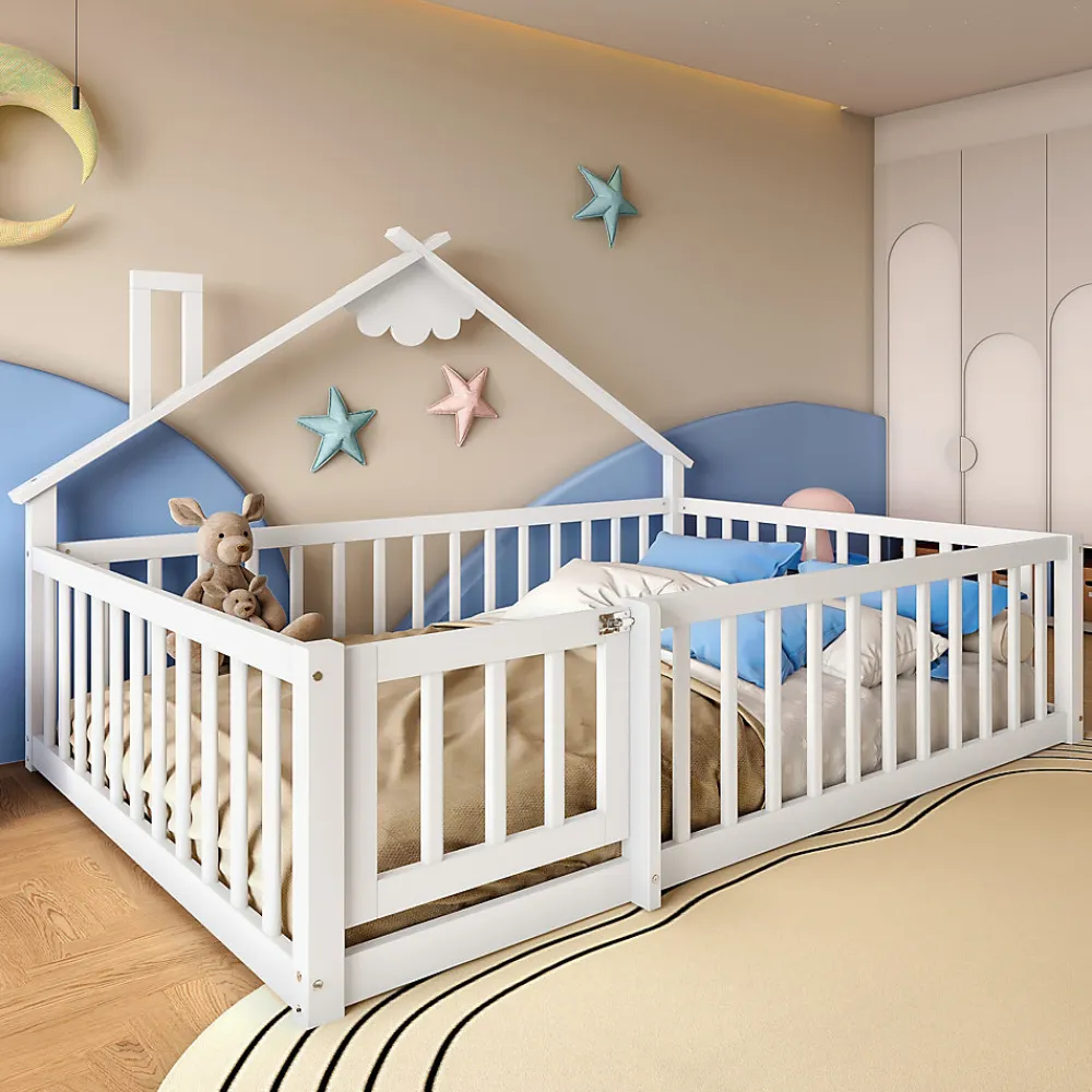 Lit enfant 140x190 cm - Lit avec barrières et design maison - Bois de pin et MDF - Sans matelas - Blanc>Okwish Outlet