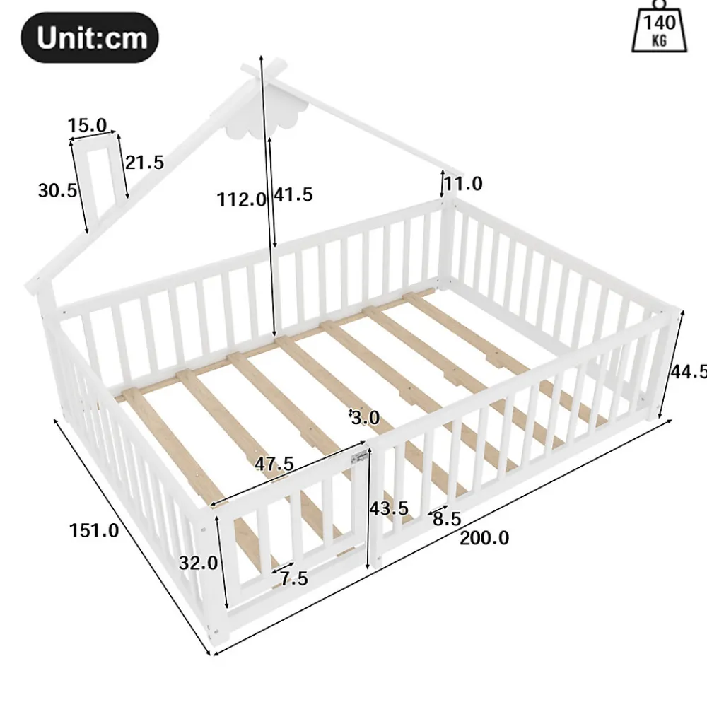 Lit enfant 140x190 cm - Lit avec barrières et design maison - Bois de pin et MDF - Sans matelas - Blanc>Okwish Outlet