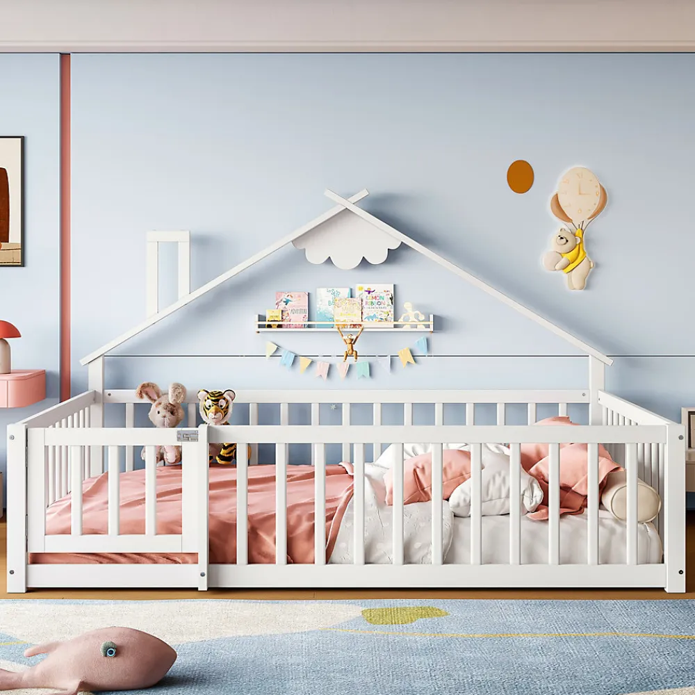 Lit enfant 140x190 cm - Lit avec barrières et design maison - Bois de pin et MDF - Sans matelas - Blanc>Okwish Outlet