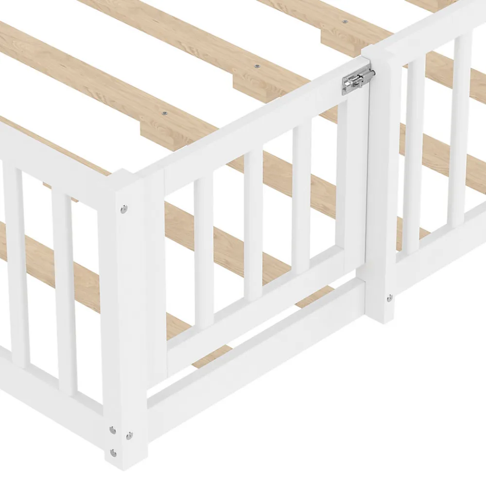 Lit enfant 140x190 cm - Lit avec barrières et design maison - Bois de pin et MDF - Sans matelas - Blanc>Okwish Outlet