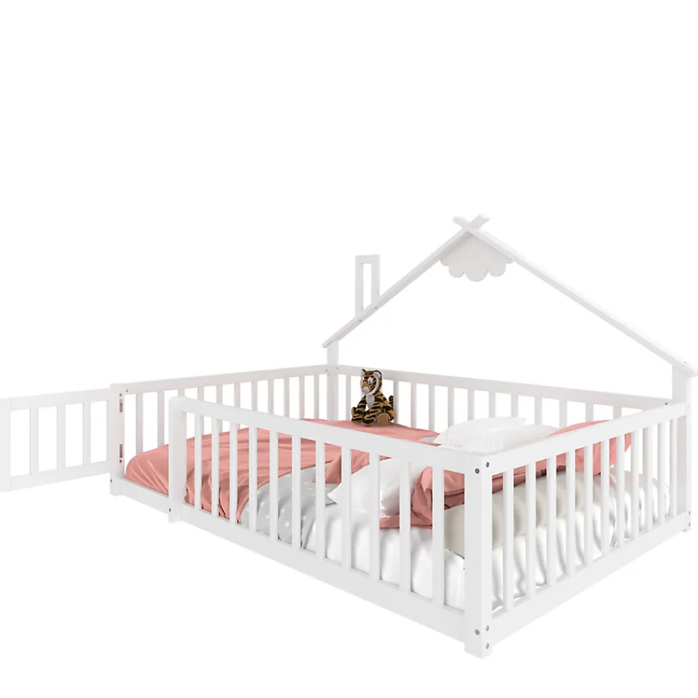 Lit enfant 140x190 cm - Lit avec barrières et design maison - Bois de pin et MDF - Sans matelas - Blanc>Okwish Outlet
