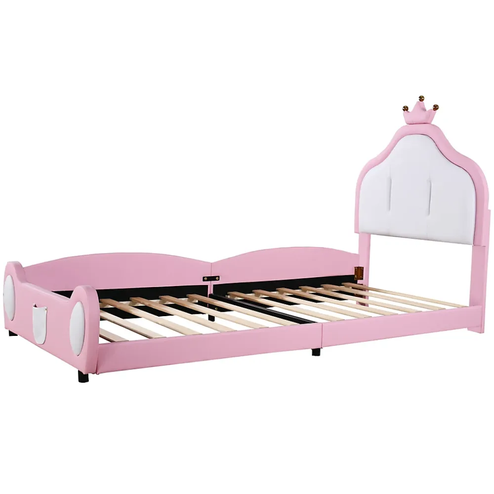 Okwish Lit enfant 90x200 cm - Lit avec Tête de Lit Couronne, design Bicolore, en Simili Cuir, Sans Matelas, Rose*Enfant Lit Enfant