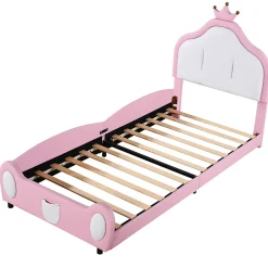 Okwish Lit enfant 90x200 cm - Lit avec Tête de Lit Couronne, design Bicolore, en Simili Cuir, Sans Matelas, Rose*Enfant Lit Enfant