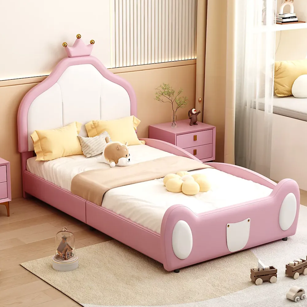 Okwish Lit enfant 90x200 cm - Lit avec Tête de Lit Couronne, design Bicolore, en Simili Cuir, Sans Matelas, Rose*Enfant Lit Enfant