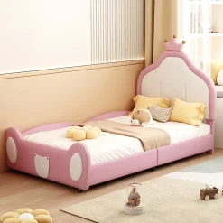 Okwish Lit enfant 90x200 cm - Lit avec Tête de Lit Couronne, design Bicolore, en Simili Cuir, Sans Matelas, Rose*Enfant Lit Enfant