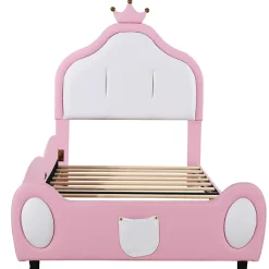 Okwish Lit enfant 90x200 cm - Lit avec Tête de Lit Couronne, design Bicolore, en Simili Cuir, Sans Matelas, Rose*Enfant Lit Enfant