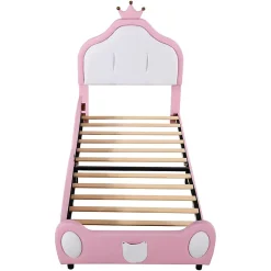 Okwish Lit enfant 90x200 cm - Lit avec Tête de Lit Couronne, design Bicolore, en Simili Cuir, Sans Matelas, Rose*Enfant Lit Enfant