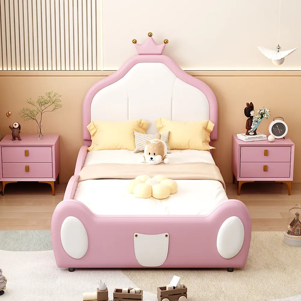 Okwish Lit enfant 90x200 cm - Lit avec Tête de Lit Couronne, design Bicolore, en Simili Cuir, Sans Matelas, Rose*Enfant Lit Enfant