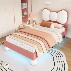 Okwish Lit enfant 90x200 cm - Lit avec Tête de Lit en Ailes et LED - Velours - Sans matelas - Rose*Enfant Lit Enfant