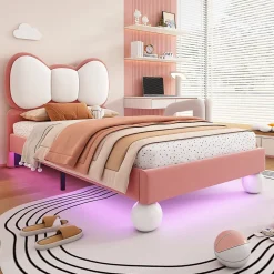 Okwish Lit enfant 90x200 cm - Lit avec Tête de Lit en Ailes et LED - Velours - Sans matelas - Rose*Enfant Lit Enfant