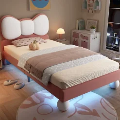 Okwish Lit enfant 90x200 cm - Lit avec Tête de Lit en Ailes et LED - Velours - Sans matelas - Rose*Enfant Lit Enfant