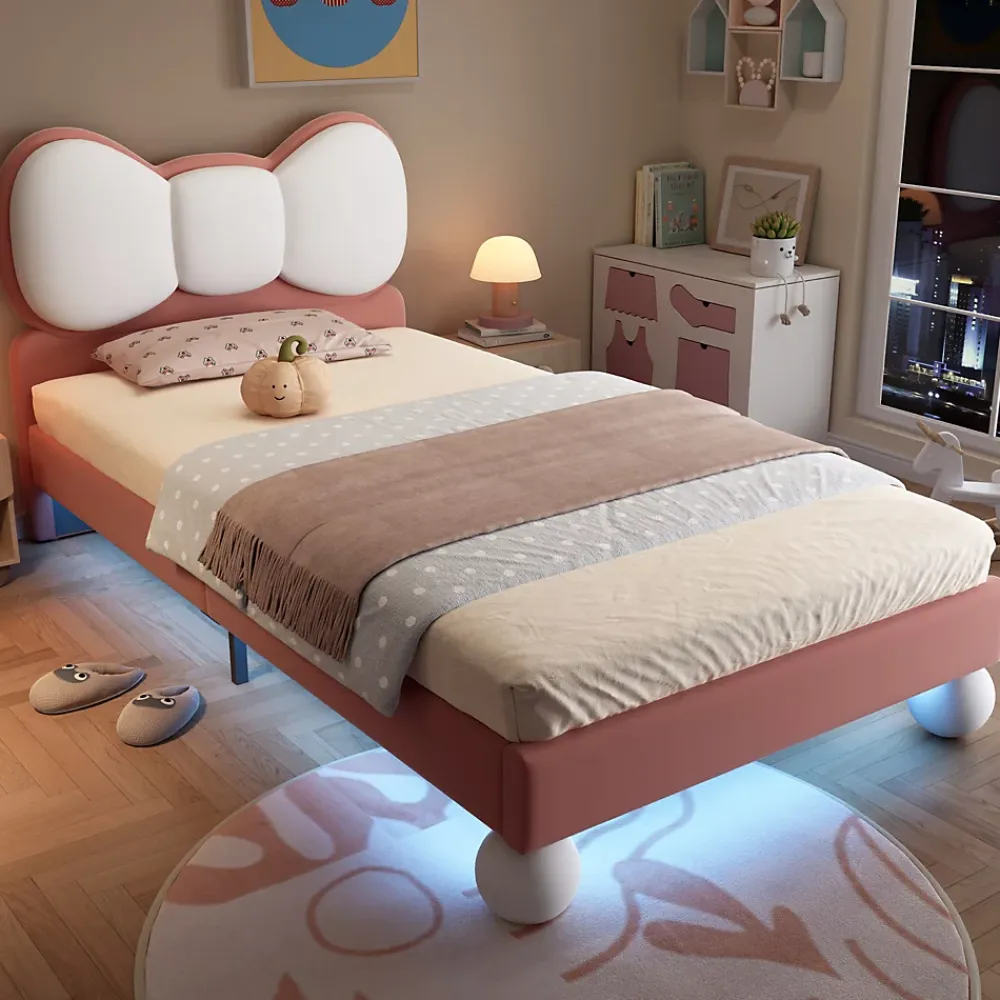Okwish Lit enfant 90x200 cm - Lit avec Tête de Lit en Ailes et LED - Velours - Sans matelas - Rose*Enfant Lit Enfant