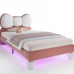 Okwish Lit enfant 90x200 cm - Lit avec Tête de Lit en Ailes et LED - Velours - Sans matelas - Rose*Enfant Lit Enfant