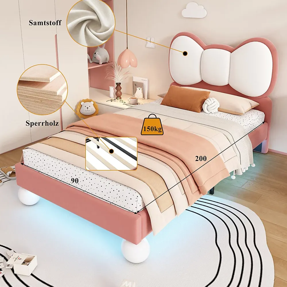 Okwish Lit enfant 90x200 cm - Lit avec Tête de Lit en Ailes et LED - Velours - Sans matelas - Rose*Enfant Lit Enfant