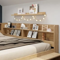 Okwish Lit Enfant 90x200 cm - Lit avec Rangement Multifonction, Tiroirs et Étagères, Lit Simple en Bois Nature - Sans Matelas*Enfant Lit Enfant
