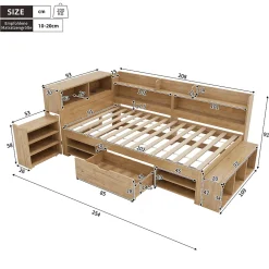 Okwish Lit Enfant 90x200 cm - Lit avec Rangement Multifonction, Tiroirs et Étagères, Lit Simple en Bois Nature - Sans Matelas*Enfant Lit Enfant