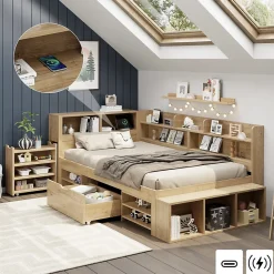 Okwish Lit Enfant 90x200 cm - Lit avec Rangement Multifonction, Tiroirs et Étagères, Lit Simple en Bois Nature - Sans Matelas*Enfant Lit Enfant