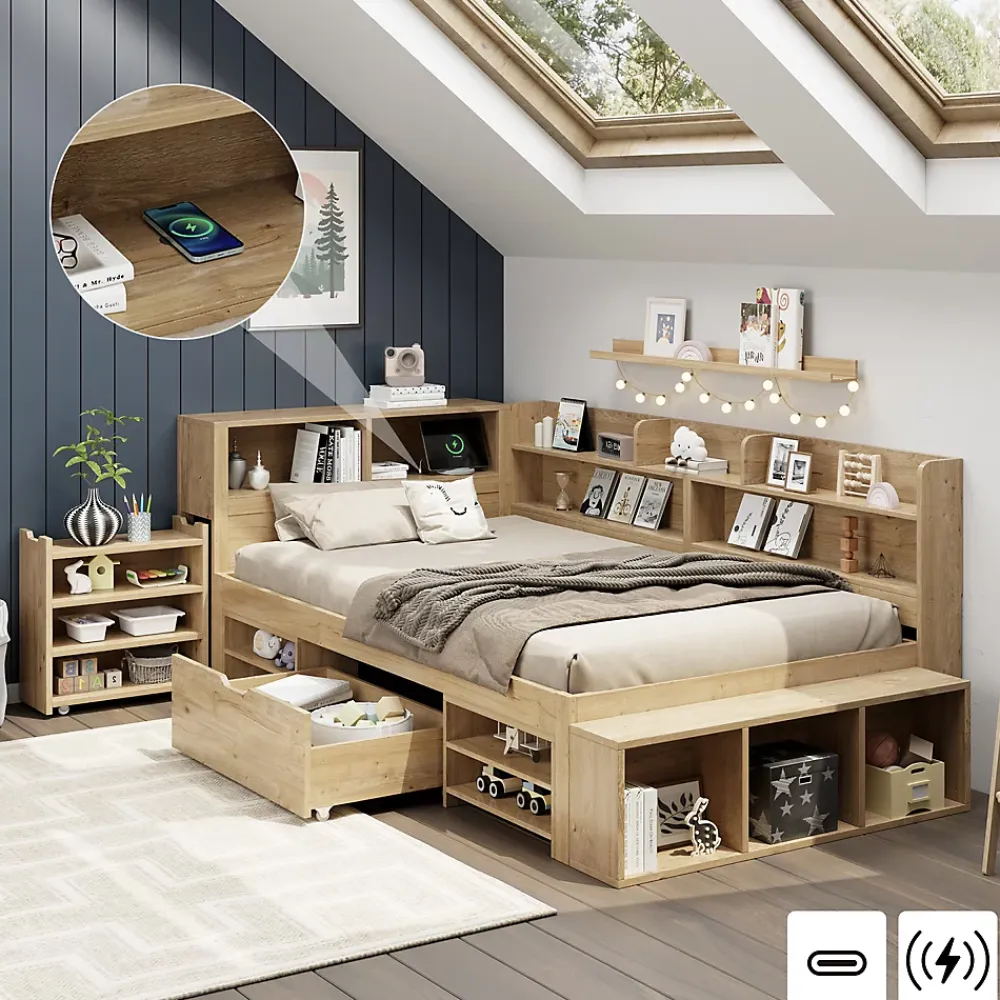 Okwish Lit Enfant 90x200 cm - Lit avec Rangement Multifonction, Tiroirs et Étagères, Lit Simple en Bois Nature - Sans Matelas*Enfant Lit Enfant