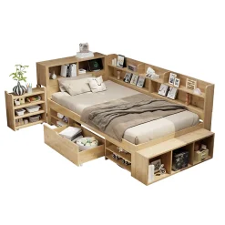 Okwish Lit Enfant 90x200 cm - Lit avec Rangement Multifonction, Tiroirs et Étagères, Lit Simple en Bois Nature - Sans Matelas*Enfant Lit Enfant