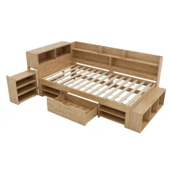 Okwish Lit Enfant 90x200 cm - Lit avec Rangement Multifonction, Tiroirs et Étagères, Lit Simple en Bois Nature - Sans Matelas*Enfant Lit Enfant