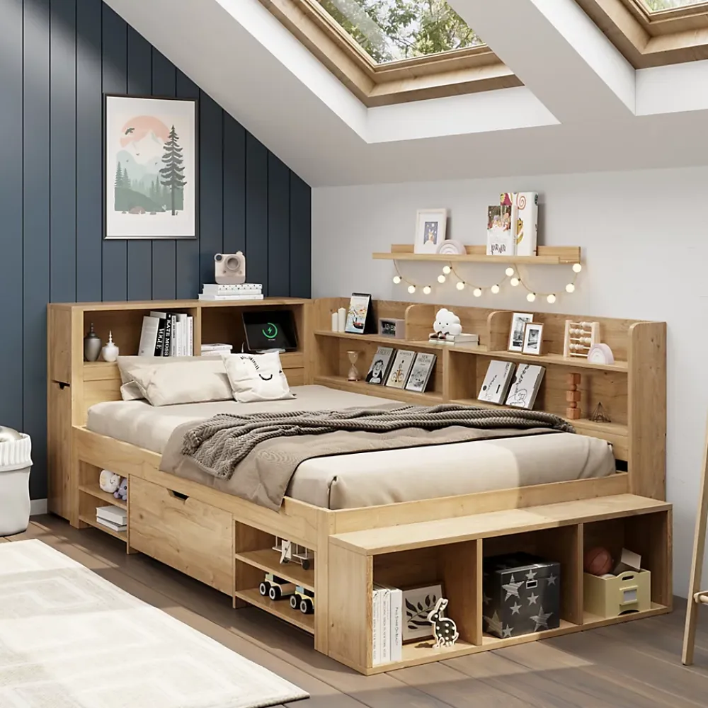 Okwish Lit Enfant 90x200 cm - Lit avec Rangement Multifonction, Tiroirs et Étagères, Lit Simple en Bois Nature - Sans Matelas*Enfant Lit Enfant
