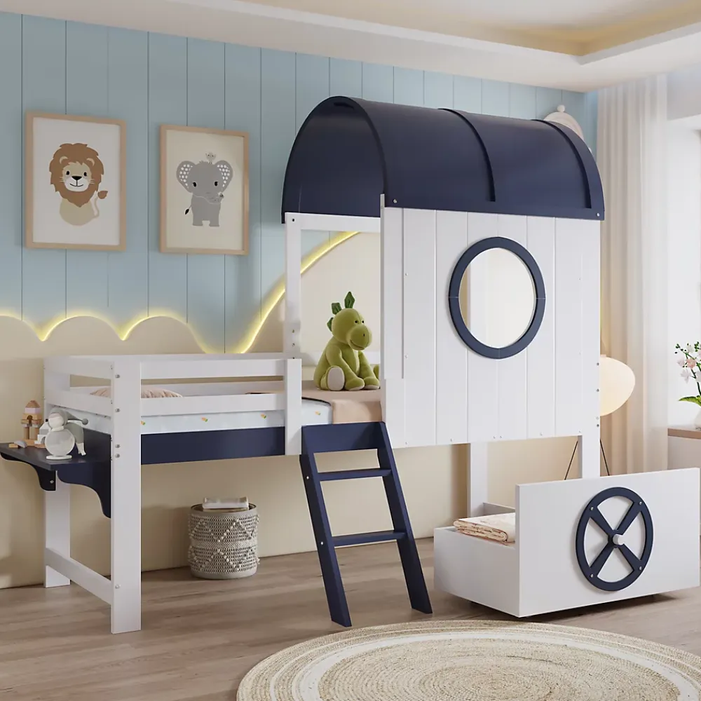 Okwish Lit enfant 90x200 cm - Lit Cabane avec Rangement et design Marin - Pin et MDF - Sans Matelas - Blanc + Bleu foncé*Enfant Lit Enfant