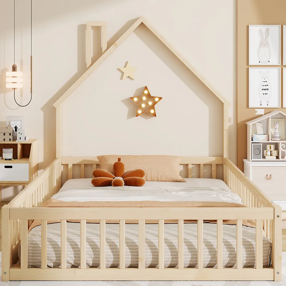 Lit Enfant 140x190 cm - Lit Cabane Design Maison avec Cheminée Décorative et Sommier Inclus, Bois et MDF, Naturel, sans Matelas>Okwish Clearance