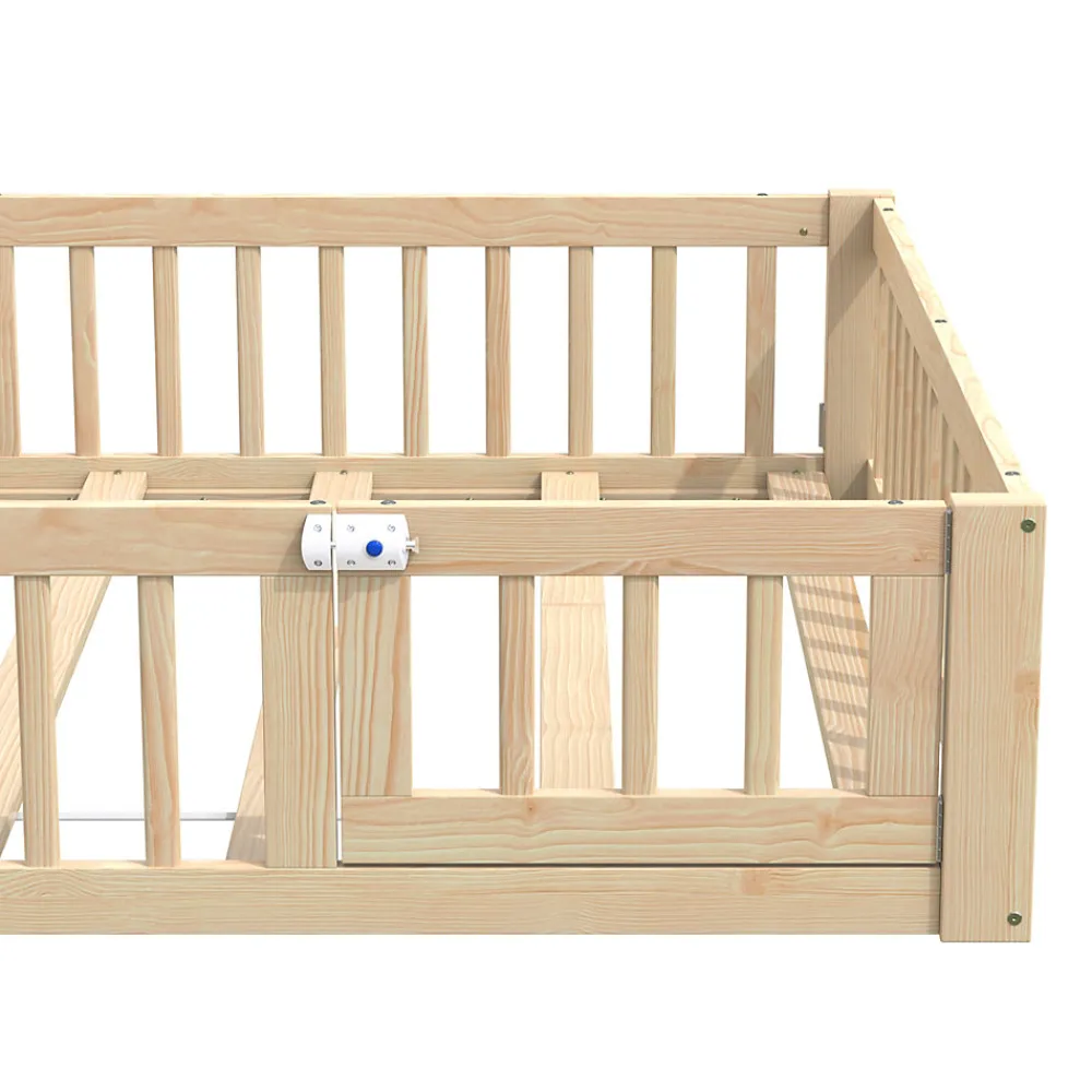 Lit Enfant 140x190 cm - Lit Cabane Design Maison avec Cheminée Décorative et Sommier Inclus, Bois et MDF, Naturel, sans Matelas>Okwish Clearance