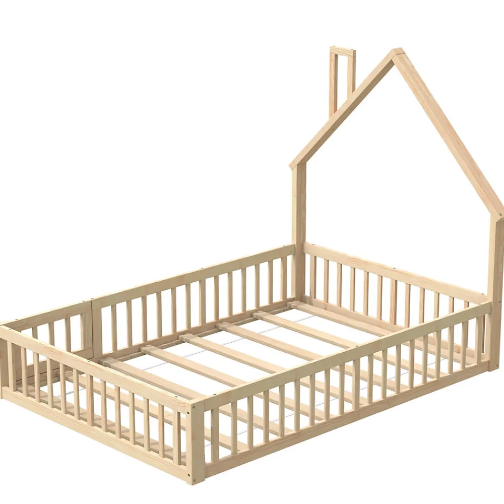 Lit Enfant 140x190 cm - Lit Cabane Design Maison avec Cheminée Décorative et Sommier Inclus, Bois et MDF, Naturel, sans Matelas>Okwish Clearance