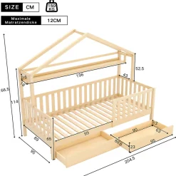 Lit enfant 90x200 cm - Lit Cabane avec 2 Tiroirs de Rangement, Sommier en Bois Inclus, Sans Matelas - Naturel><noscript><img width=