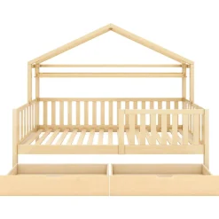 Lit enfant 90x200 cm - Lit Cabane avec 2 Tiroirs de Rangement, Sommier en Bois Inclus, Sans Matelas - Naturel><noscript><img width=