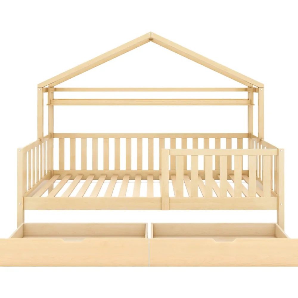 Lit enfant 90x200 cm - Lit Cabane avec 2 Tiroirs de Rangement, Sommier en Bois Inclus, Sans Matelas - Naturel>Okwish Hot